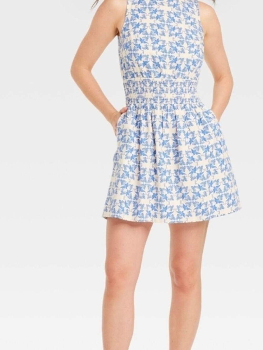 Floral Blue and White Sleeveless Dress In A Linen Look! - Picture 7 of 7